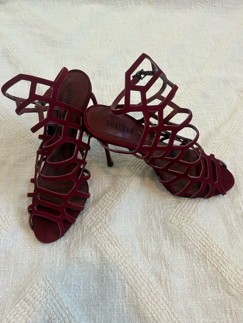 Schutz Burgundy Cage Heels Leather Strappy Cutout Stiletto Sandal sexy heels • 8
